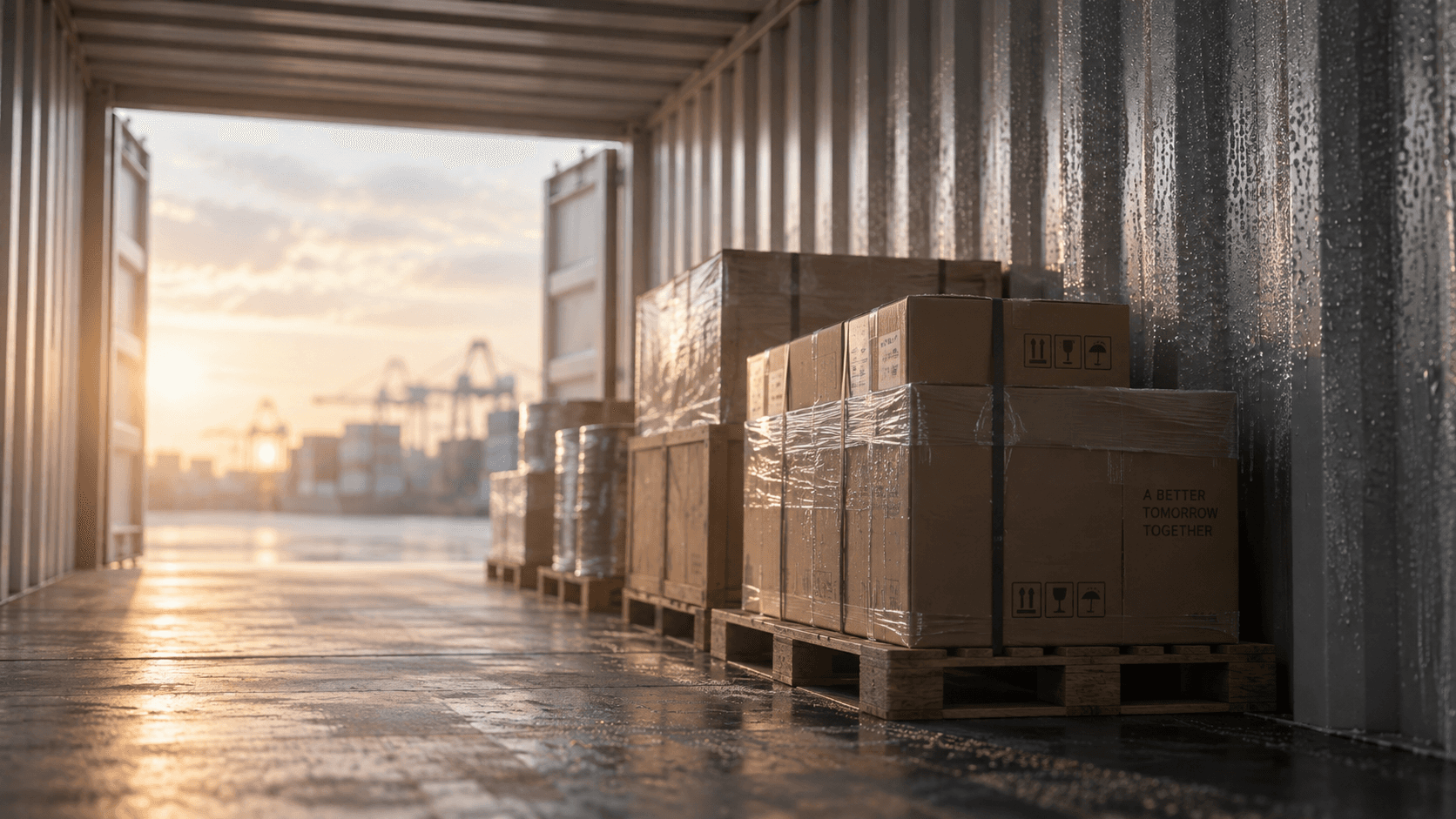 Export cartons inside a shipping container with condensation on the walls
